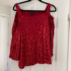 INC cold shoulder red sequins top